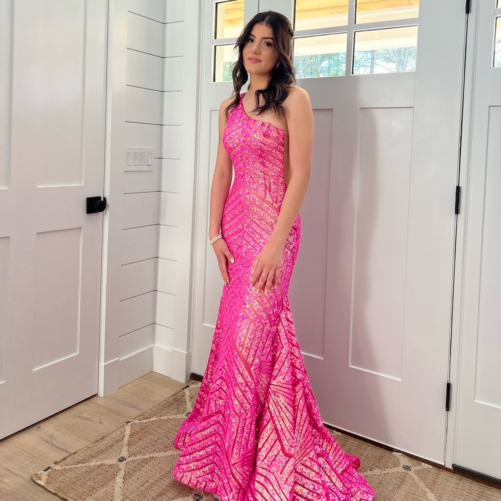 Jovani Hot Pink One-Shoulder Sequin Gown